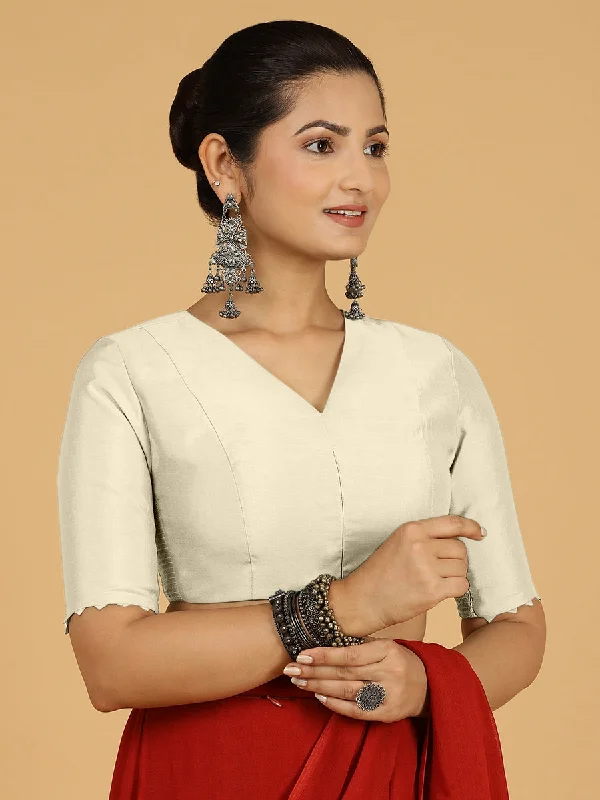 Blouses & Shirts for Photography -  Women's Peasant Tops-Divya x Rozaana | Elbow Sleeves Saree Blouse in Ivory