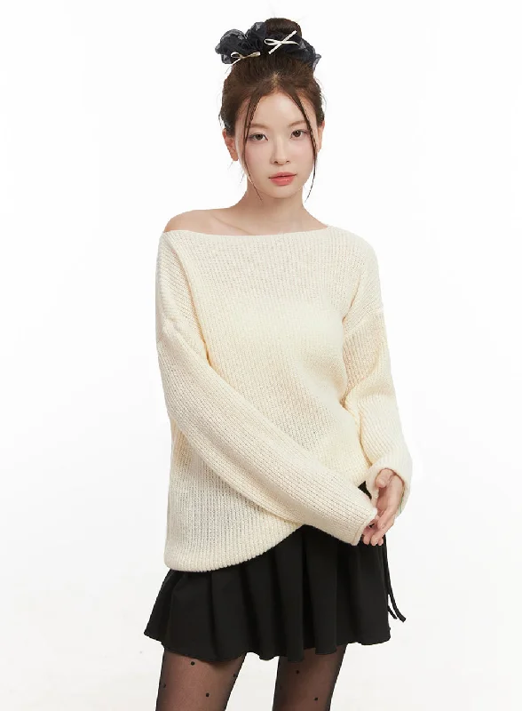 Pullover sweater bold style-Women's Double Layer Pullovers-Loose-Fit One-Shoulder Sweater IF505