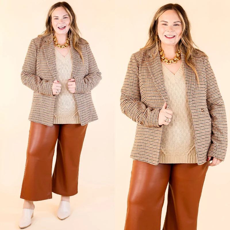 Cardigan Blazer-Women's Breathable Blazers-Downtown Holiday Houndstooth Double Button Blazer in Beige Mix