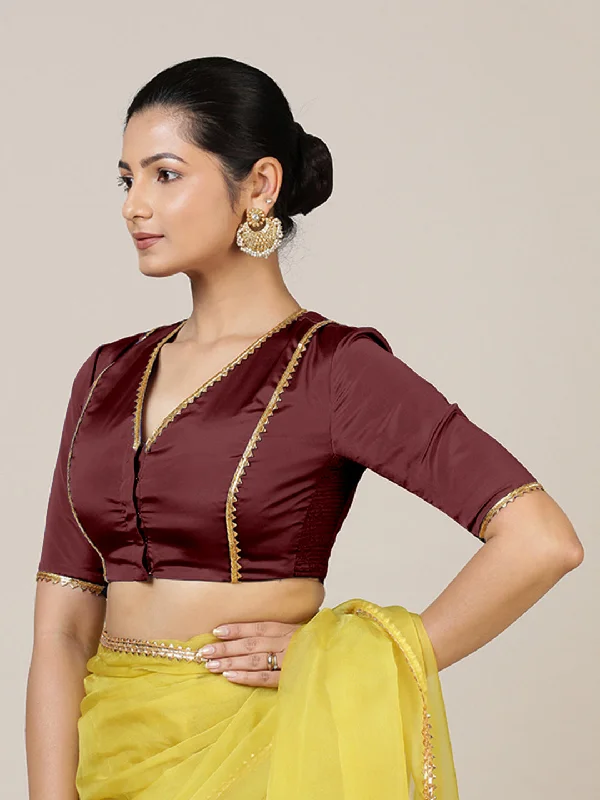 Blouses & Shirts for Baby Showers -  Women's Ruffle Sleeve Shirts-Begum x Tyohaar | Elbow Sleeves Saree Blouse in Burgundy