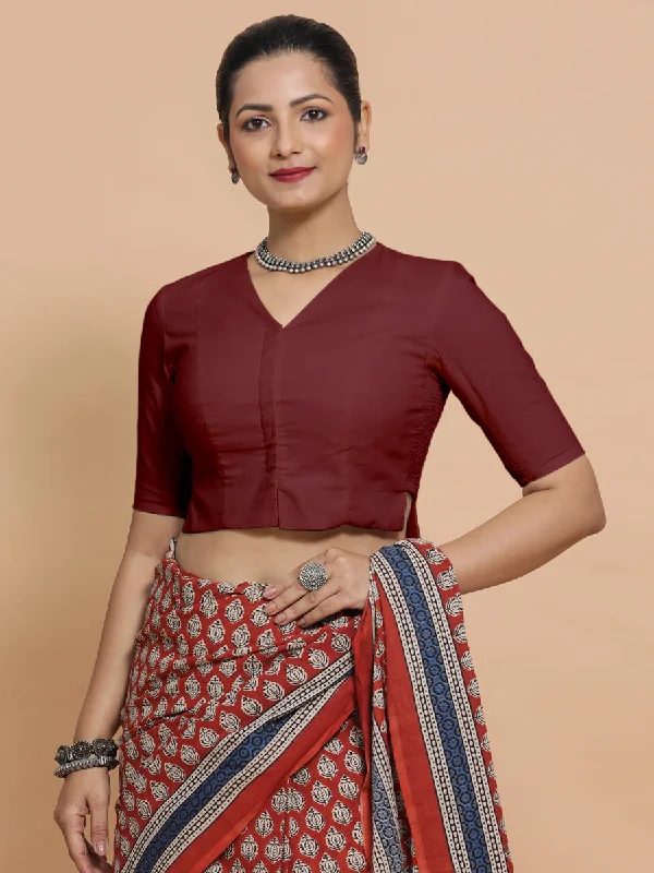 Blouses & Shirts for Couples -  Women's Poet Blouses-Chaya x Rozaana | V-Neck Royal Maroon Plain Cotton Saree Blouse