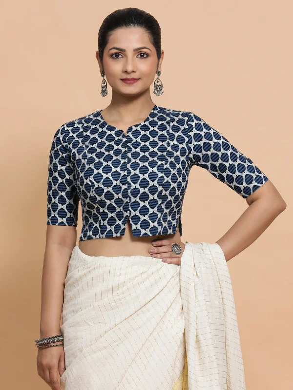 Blouses & Shirts for Performance -  Women's Lace Blouses-Tanisha x Rozaana | Elbow Sleeves Cotton Saree Blouse in Indigo Blue Leaf Block Print Fabric