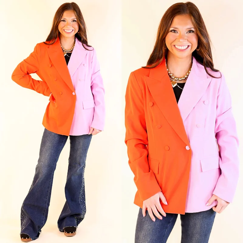 Distressed Blazer-Women's Airport Blazers-My Only Desire Color Block Button Up Blazer in Red and Pink