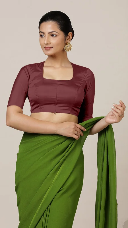 Blouses & Shirts for Winter -  Women's Cold Shoulder Tops-Aziza x Rozaana | Elbow Sleeves Saree Blouse in Burgundy