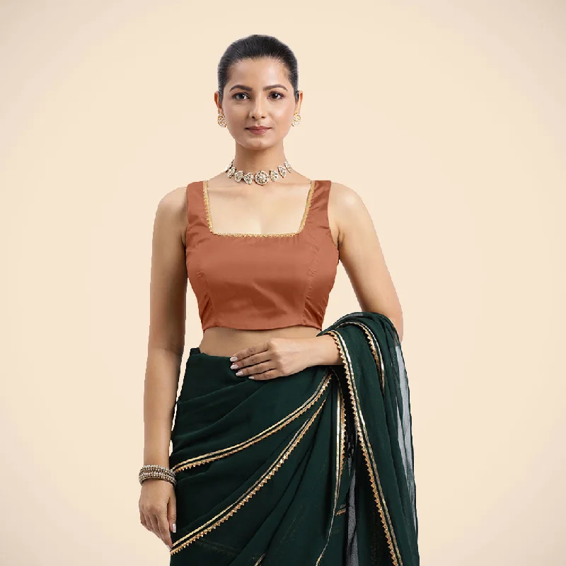 Blouses & Shirts for Fundraisers -  Women's Roll Tab Sleeve Shirts-Tanvi x Tyohaar | Metallic Copper Sleeveless FlexiFit™ Saree Blouse with Square Front Neck and Deep Back with Dori and Golden Gota Embellishment