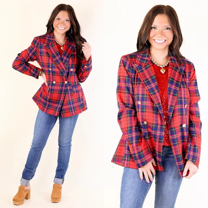 Convertible Blazer-Women's Budget-Friendly Blazers-Endless Cheer Plaid Blazer with Gold Buttons in Blue and Red