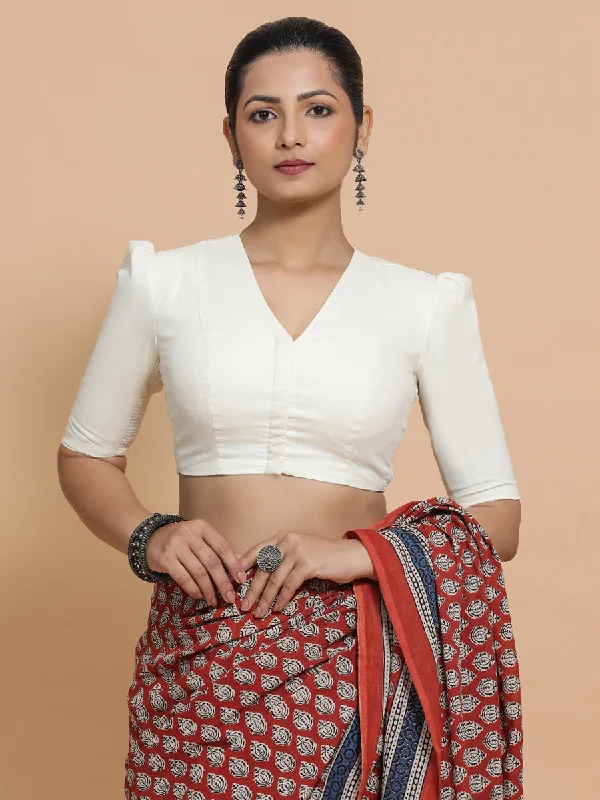 Blouses & Shirts for Influencers -  Women's Pleat Front Blouses-Kriti x Rozaana | V-Neck Ivory Mist Plain Cotton Saree Blouse