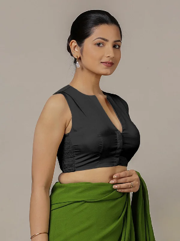 Blouses & Shirts for Movie Nights -  Women's Puff Sleeve Blouses-Veena x Rozaana | Sleeveless Saree Blouse in Charcoal Black