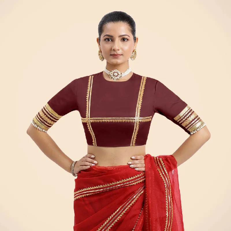 Blouses & Shirts for Red Carpet -  Women's Jersey Blouses-Farheen x Tyohaar | Burgundy Embellished Elbow Sleeves FlexiFit™ Saree Blouse with Zero Neck with Back Cut-Out and Golden Gota Embellishment