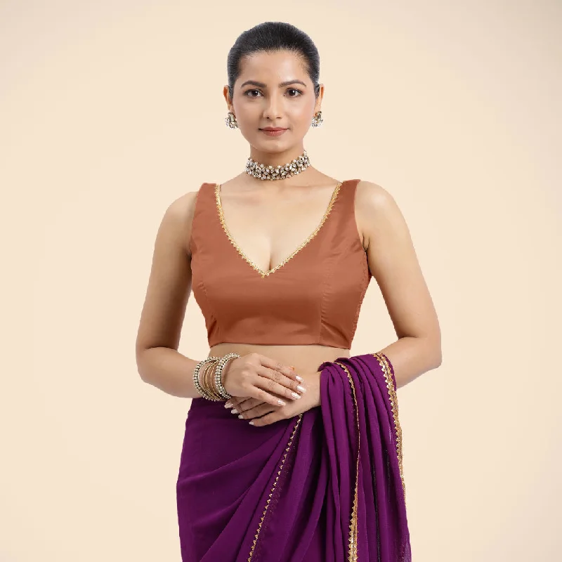 Blouses & Shirts for Entrepreneurs -  Women's Elastic Waist Blouses-Raisa x Tyohaar | Metallic Copper Sleeveless FlexiFit™ Saree Blouse with V Neckline with Golden Gota Lace Embellishment and Back Cut-out with Tie-Up