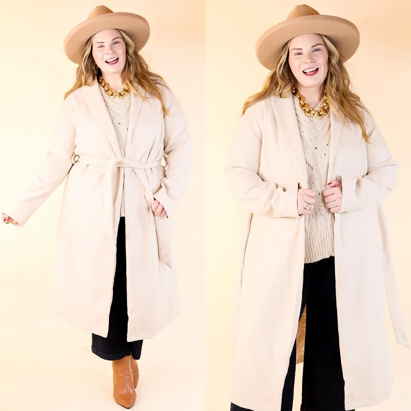 Swing Blazer-Women's Boutique Blazers-Hollywood Holiday Open Front Long Coat with Waist Tie in Beige