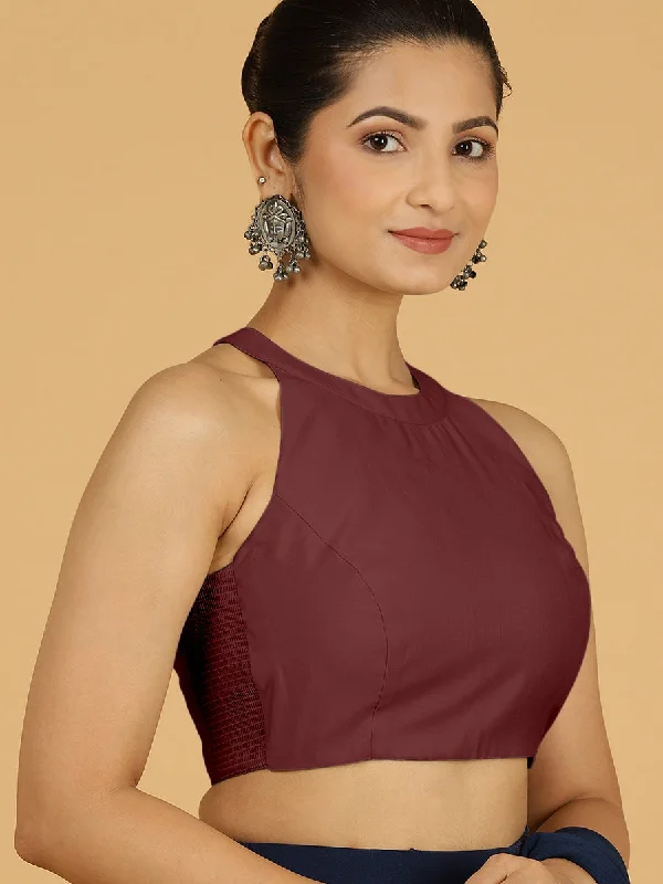 Blouses & Shirts for Self-Care -  Women's Peplum Tops-Zubeida x Rozaana | Deep Maroon Sleeveless Halter Neck Saree Blouse