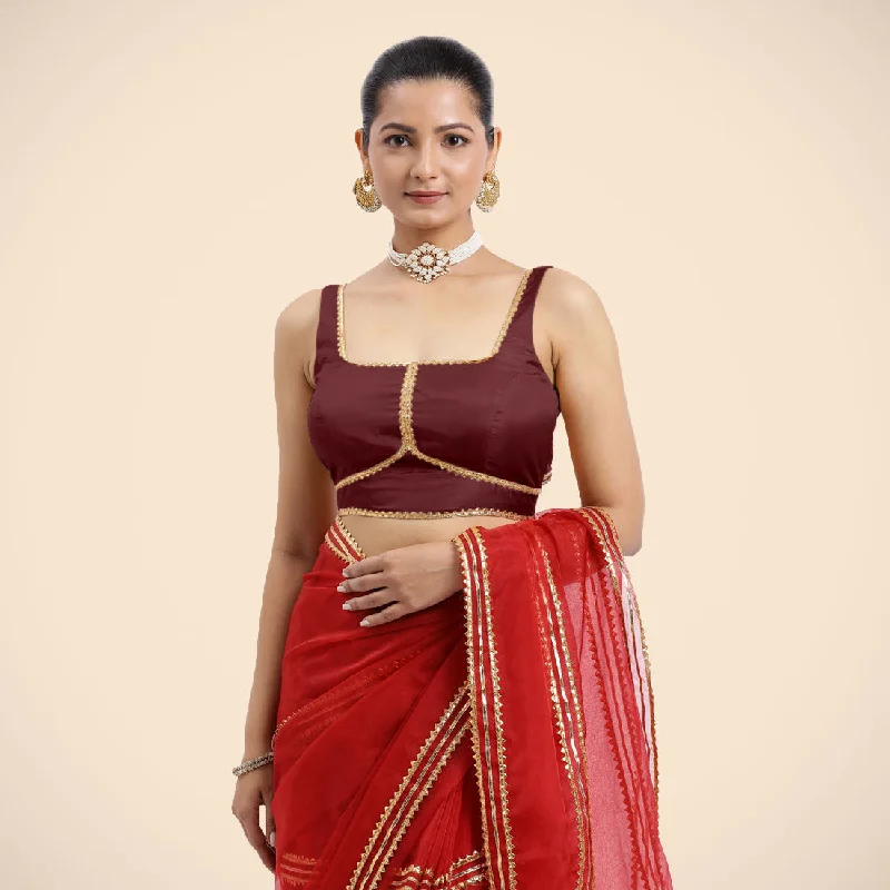 Blouses & Shirts for African Fashion -  Women's Peplum Blouses-Arya x Tyohaar | Burgundy Sleeveless FlexiFit™ Saree Blouse with Square Neck and Back Window Embeliished with Golden Gota and Pearl Lace