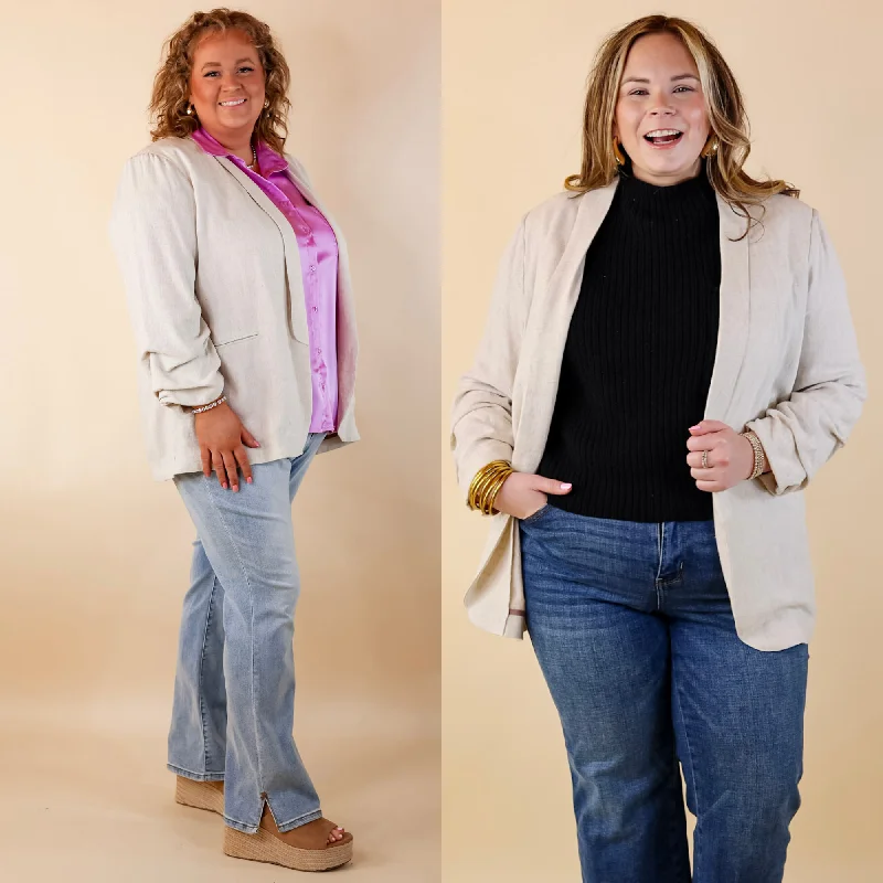 Multi-Season Blazer-Women's Classic Blazers-Promise Me Open Front Linen Blazer in Beige