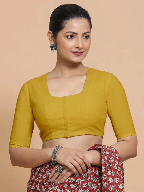 Blouses & Shirts for Road Trips -  Women's Peasant Blouses-Koel x Rozaana | Round Neck Sunny Yellow Plain Cotton Saree Blouse