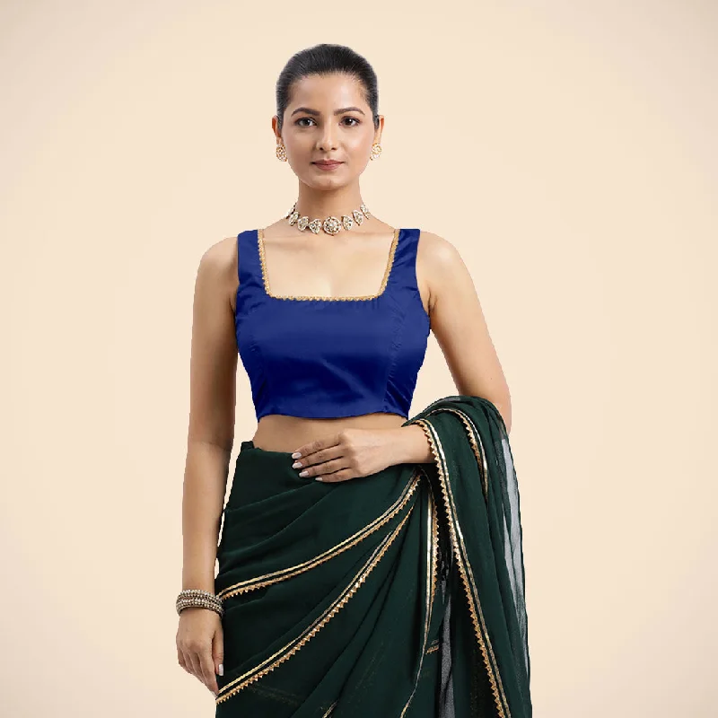 Blouses & Shirts for Italian Elegance -  Women's Stylish Blouses-Tanvi x Tyohaar | Cobalt Blue Sleeveless FlexiFit™ Saree Blouse with Square Front Neck and Deep Back with Dori and Golden Gota Embellishment