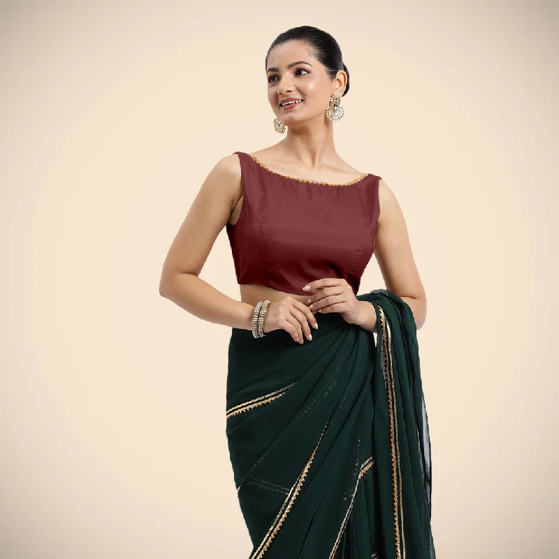 Blouses & Shirts for Cultural Festivals -  Women's Oversized Blouses-Sherry x Tyohaar | Burgundy Sleeveless FlexiFit™ Saree Blouse with Simple Golden Gota Lace on Neckline and Removable Bow on Back