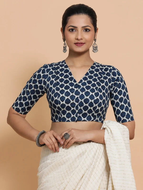 Blouses & Shirts for Celebrities -  Women's High-Low Shirts-Bhumi x Rozaana | Elbow Sleeves Cotton Saree Blouse in Indigo Blue Leaf Block Print Fabric