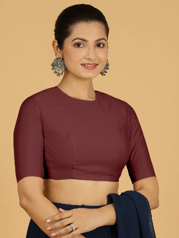 Blouses & Shirts for Gothic Fashion -  Women's Cotton Blouses-Amisha x Rozaana | Elbow Sleeves Saree Blouse in Deep Maroon