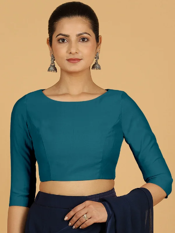 Blouses & Shirts for Asian Style -  Women's Peasant Tops-Tamanna x Rozaana | Three Quarter Sleeves Saree Blouse in Crystal Teal