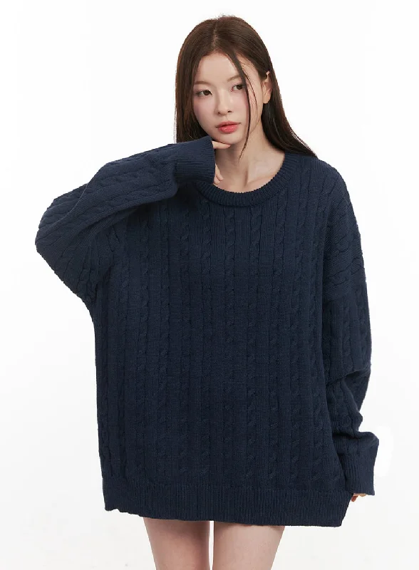 Pullover sweater everyday wear-Women's Evening Pullovers-Cable Knit Oversized Sweater IF505