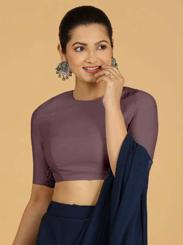 Blouses & Shirts for Formal Events -  Women's Chambray Shirts-Amisha x Rozaana | Elbow Sleeves Saree Blouse in Purple Mauve