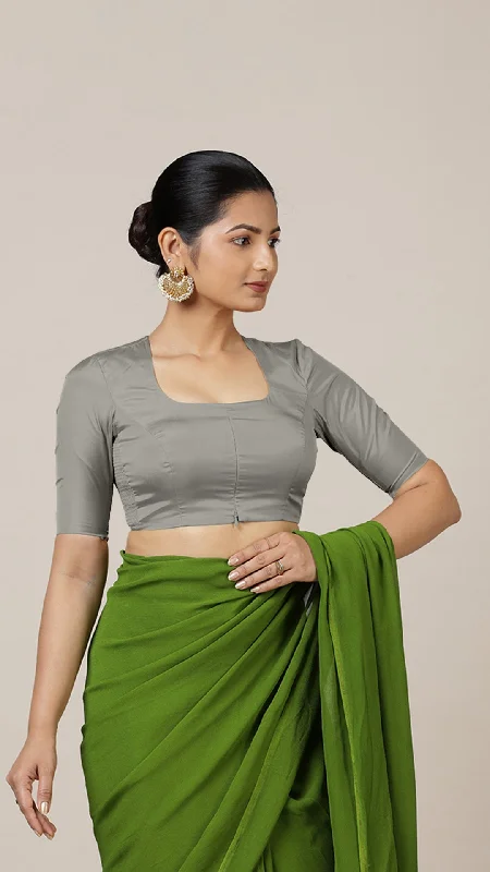 Blouses & Shirts for Friends -  Women's Scoop Neck Blouses-Aziza x Rozaana | Elbow Sleeves Saree Blouse in Grey