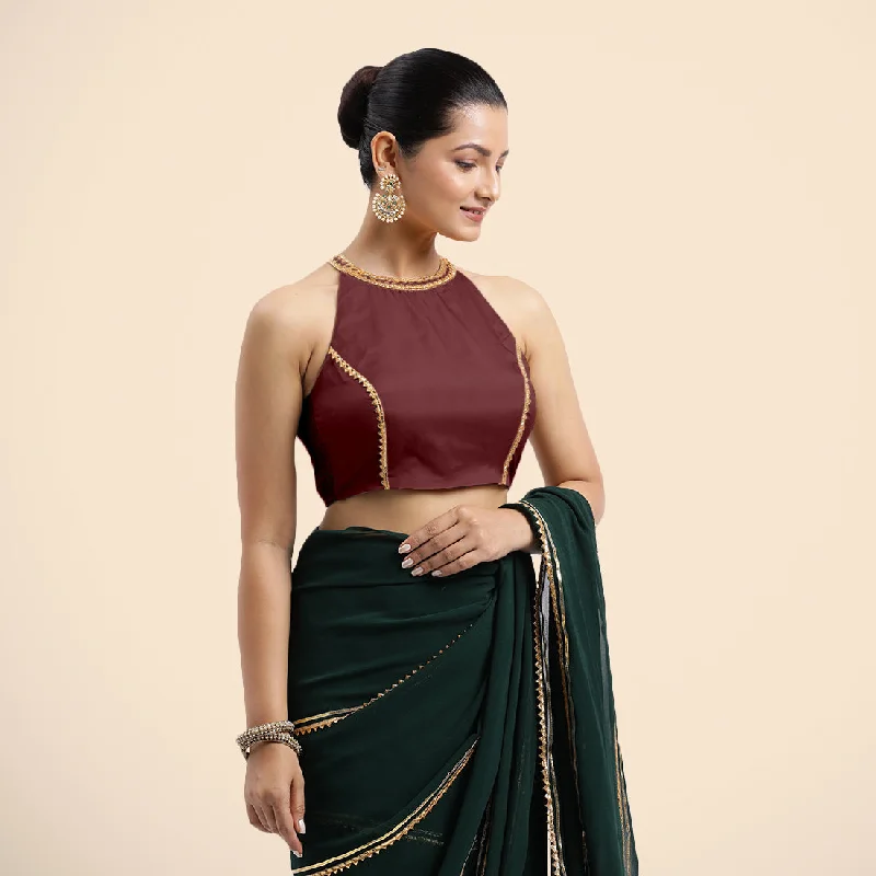 Blouses & Shirts for Bridesmaids -  Women's Fringe Shirts-Zubeida x Tyohaar | Burgundy Halterneck FlexiFit™ Saree Blouse with Elegant Golden Gota Embellishment on Princess Line