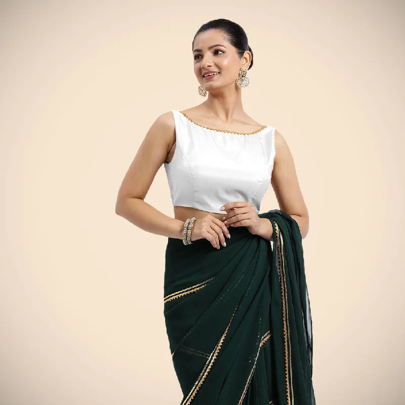 Blouses & Shirts for Running -  Women's Knit Blouses-Sherry x Tyohaar | Pearl White Sleeveless FlexiFit™ Saree Blouse with Simple Golden Gota Lace on Neckline and Removable Bow on Back