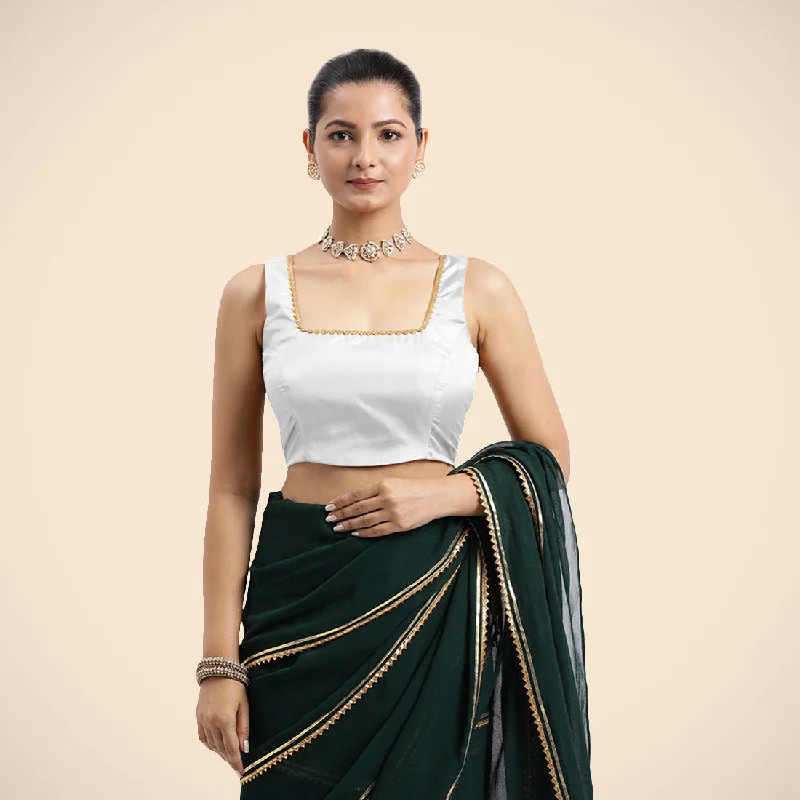 Blouses & Shirts for Online Work -  Women's Ruffle Blouses-Tanvi x Tyohaar | Pearl White Sleeveless FlexiFit™ Saree Blouse with Square Front Neck and Deep Back with Dori and Golden Gota Embellishment