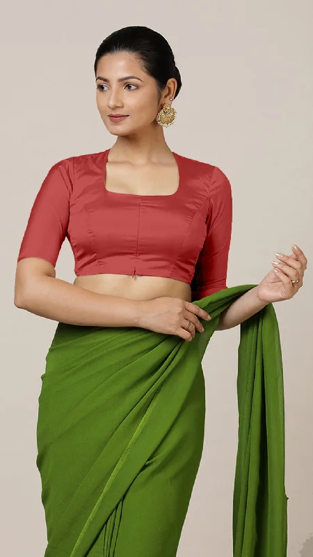 Blouses & Shirts for Muslim Women -  Women's Double Layer Blouses-Aziza x Rozaana | Elbow Sleeves Saree Blouse in Crimson Red