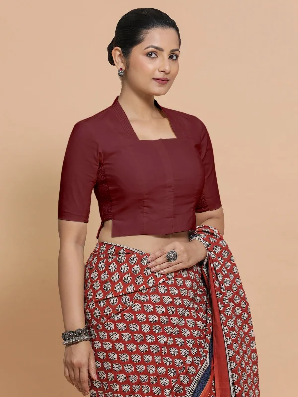 Blouses & Shirts for Hipsters -  Women's Lantern Sleeve Shirts-Ganga x Rozaana | Stylised Neck Royal Maroon Plain Cotton Saree Blouse