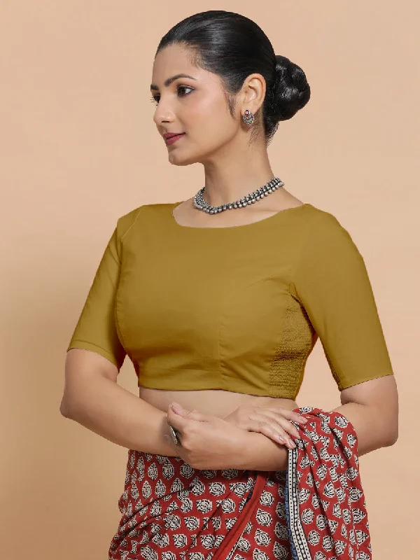 Blouses & Shirts for Photoshoots -  Women's Oversized Blouses-Kumud x Rozaana | Boat Neck Khaki Plain Cotton Saree Blouse