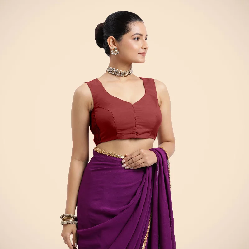 Blouses & Shirts for Bloggers -  Women's Henley Blouses-Nazia x Rozaana | Auburn Red Sleeveless FlexiFit™ Saree Blouse with Front Open Curved V Neckline with Deep Back and Dori