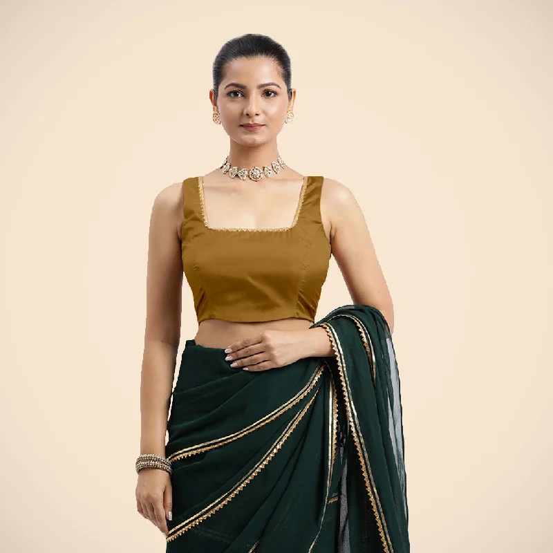 Blouses & Shirts for Japanese Style -  Women's Striped Shirts-Tanvi x Tyohaar | Bronze Gold Sleeveless FlexiFit™ Saree Blouse with Square Front Neck and Deep Back with Dori and Golden Gota Embellishment