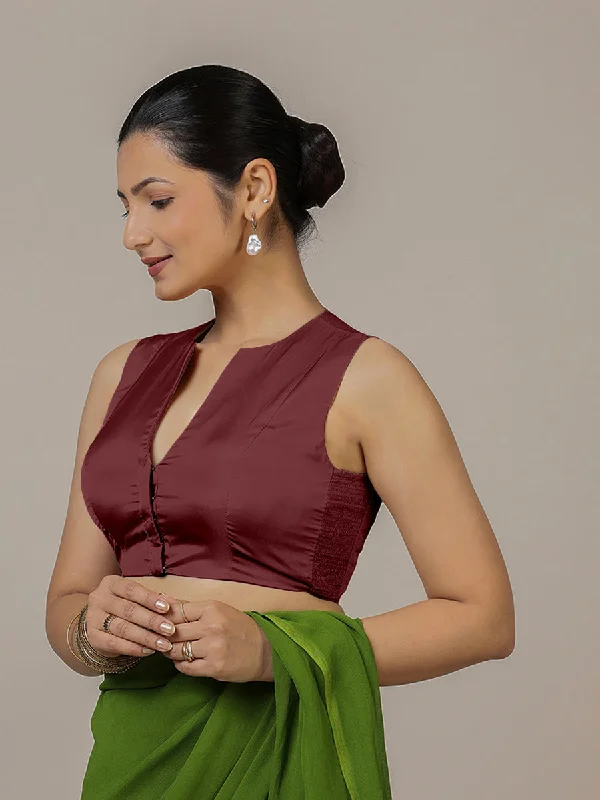 Blouses & Shirts for Travel -  Women's Bishop Sleeve Blouses-Veena x Rozaana | Sleeveless Saree Blouse in Burgundy