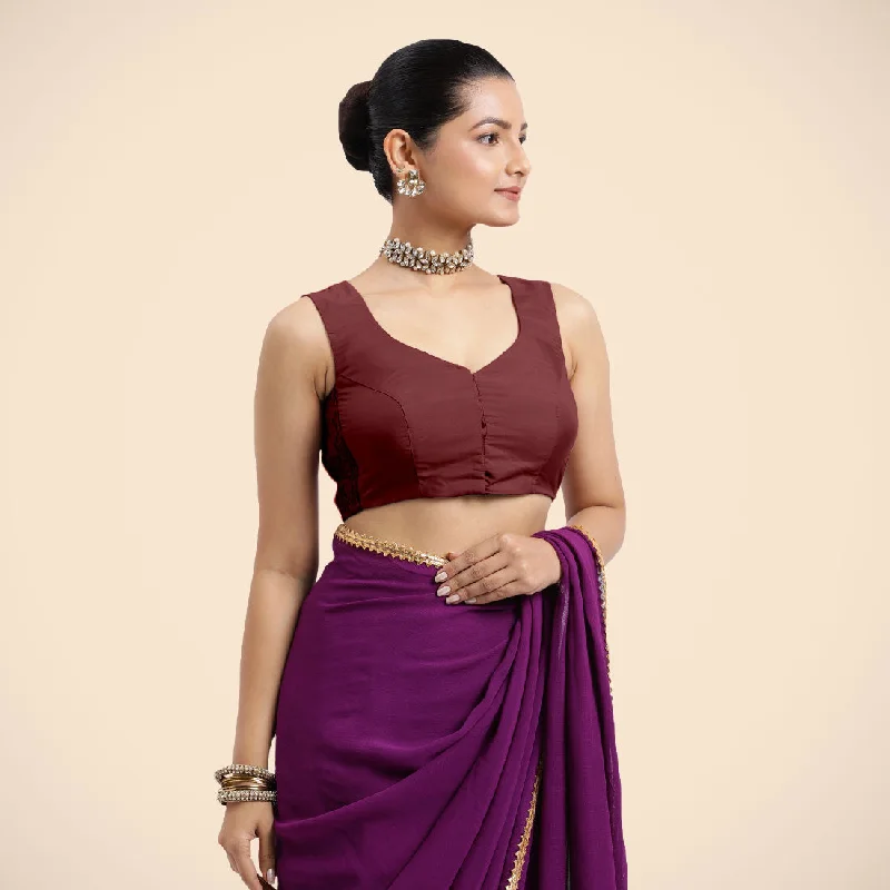 Blouses & Shirts for Writers -  Women's Frill Blouses-Nazia x Rozaana | Burgundy Sleeveless FlexiFit™ Saree Blouse with Front Open Curved V Neckline with Deep Back and Dori