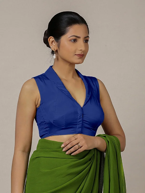 Blouses & Shirts for Baby Showers -  Women's Pleat Front Blouses-Avni x Rozaana | Cobalt Blue Sleeveless FlexiFit™ Saree Blouse with Elegant Shawl Collar