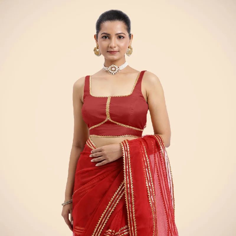 Blouses & Shirts for European Look -  Women's Peplum Tops-Arya x Tyohaar | Crimson Red Sleeveless FlexiFit™ Saree Blouse with Square Neck and Back Window Embeliished with Golden Gota and Pearl Lace