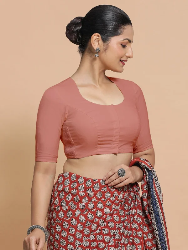 Blouses & Shirts for Trendy Look -  Women's Chiffon Blouses-Sajal x Rozaana | Pot Neck Soft Peach Plain Cotton Saree Blouse