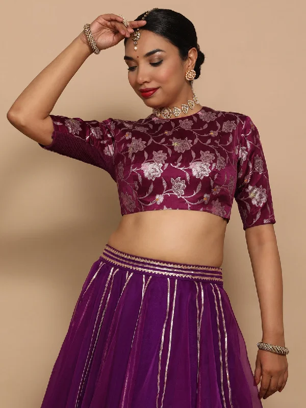 Blouses & Shirts for Punk Style -  Women's Floral Print Blouses-Ridhi x Tyohaar | Elbow Sleeves Satin Viscose Saree Blouse in Violet Meenakari Fabric