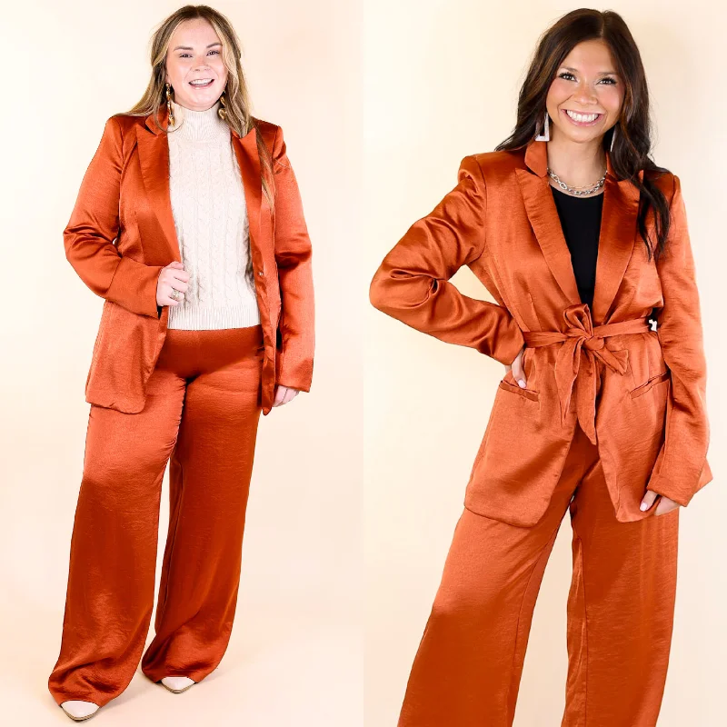 Detachable Blazer-Women's Buttoned Blazers-My Everything Satin Waist Tie Blazer in Rust Orange