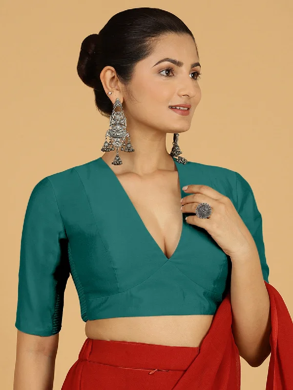 Blouses & Shirts for American Style -  Women's Ruffle Neck Blouses-Damini x Rozaana | Peacock Green Elbow Sleeves V-Neck Saree Blouse