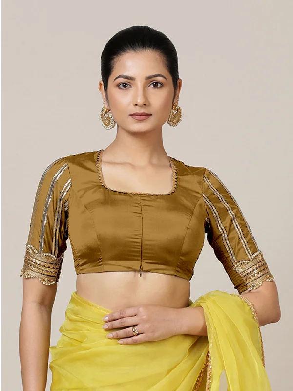 Blouses & Shirts for Fashion -  Women's Chic Blouses-Aziza x Tyohaar | Elbow Sleeves Saree Blouse in Bronze Gold