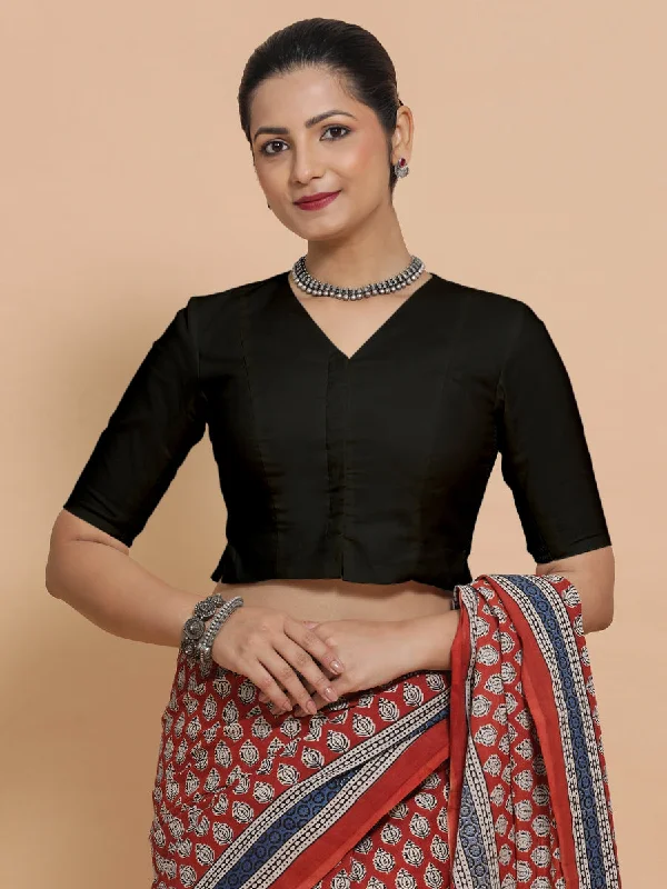 Blouses & Shirts for Gift Ideas -  Women's Poplin Shirts-Chaya x Rozaana | V-Neck Black Plain Cotton Saree Blouse