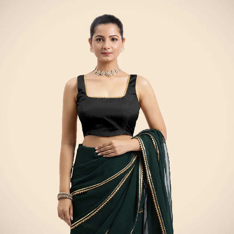 Blouses & Shirts for Public Speaking -  Women's Ruffle Shoulder Blouses-Tanvi x Tyohaar | Charcoal Black Sleeveless FlexiFit™ Saree Blouse with Square Front Neck and Deep Back with Dori and Golden Gota Embellishment