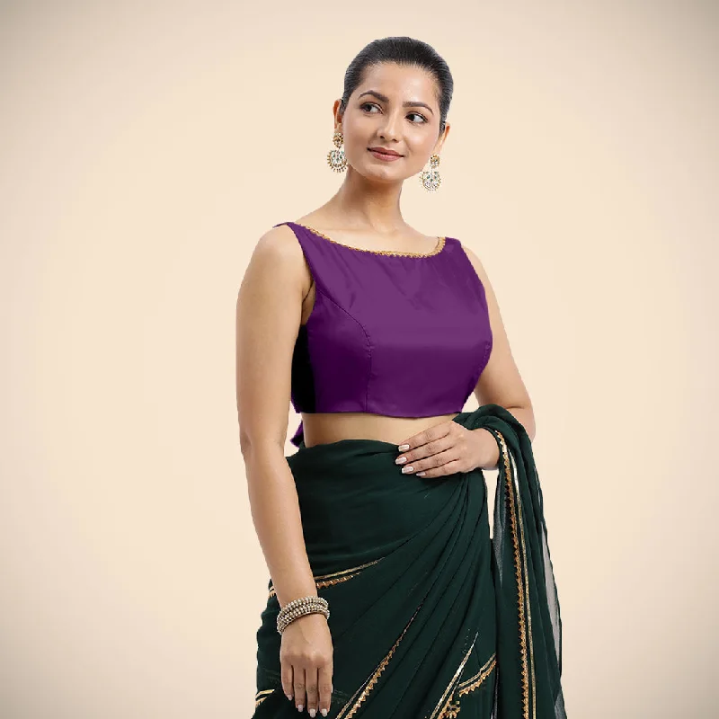 Blouses & Shirts for Modest Fashion -  Women's Loose Fit Shirts-Sherry x Tyohaar | Purple Sleeveless FlexiFit™ Saree Blouse with Simple Golden Gota Lace on Neckline and Removable Bow on Back