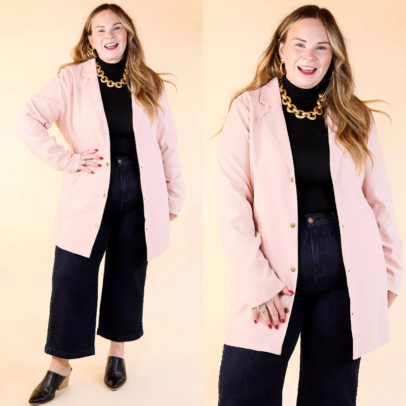 Hybrid Blazer-Women's Brunch Blazers-On Mountain Time Long Button Up Blazer in Pale Pink