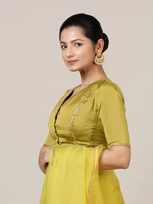 Blouses & Shirts for Pregnancy -  Women's Ruffle Neck Blouses-Begum x Tyohaar | Elbow Sleeves Saree Blouse in Lemon Yellow