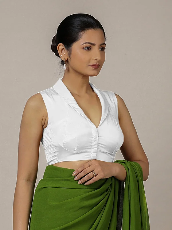 Blouses & Shirts for Tall Women -  Women's Leopard Print Blouses-Avni x Rozaana | Pearl White Sleeveless FlexiFit™ Saree Blouse with Elegant Shawl Collar